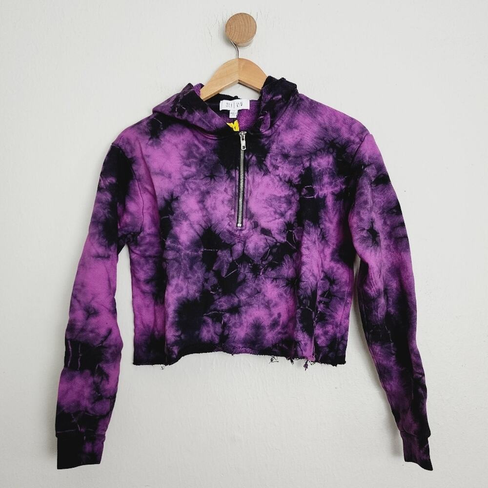 Oli Viv Corey Purple Black Tie Dye Half Zip Raw Hem Cropped Hoodie XS NWT